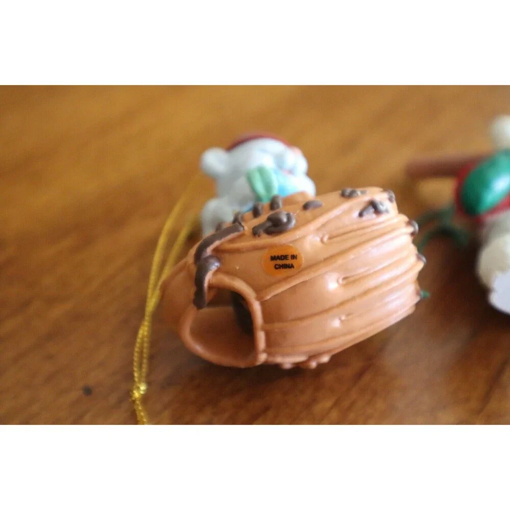 Lot 2x Baseball Bunny Rabbit Glove Bat Polar Bear Swinging Christmas Ornament